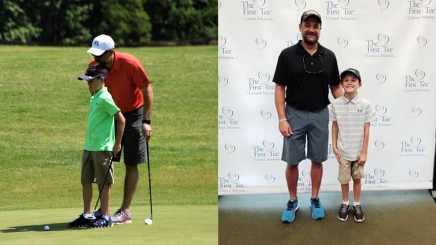 Weston Wakefield poses with his dad on the golf course (left) and at a First Tee event (right). (Credit Emma Wakefield)